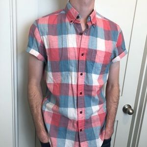 Short-sleeved JCrew Factory Pink, Blue and White Button-down